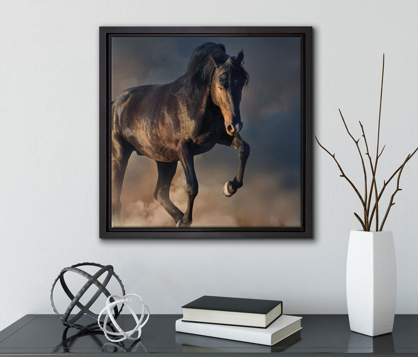 Schwarzes Pferd  auf Leinwandbild Quadratisch gerahmt mit Kirschblüten