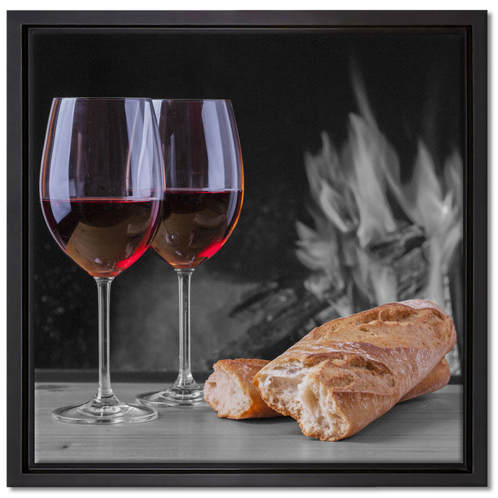 Baguette Wein Picknick auf Leinwandbild Quadratisch gerahmt Größe 40x40