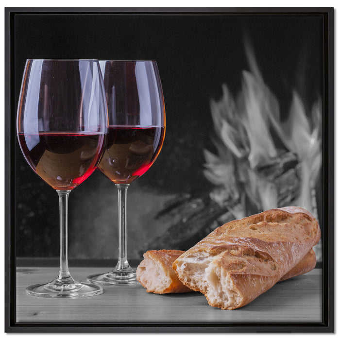 Baguette Wein Picknick auf Leinwandbild Quadratisch gerahmt Größe 70x70