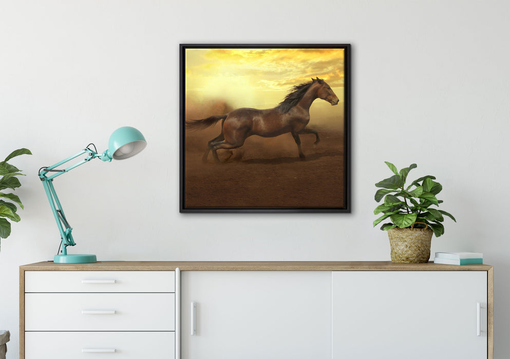 Rennendes Wildpferd auf Leinwandbild gerahmt Quadratisch verschiedene Größen im Wohnzimmer
