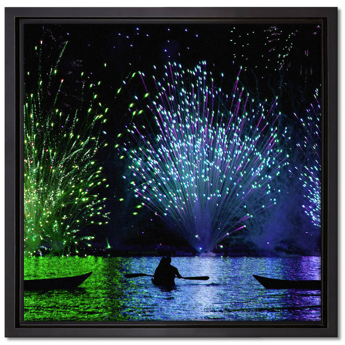 Feuerwerk auf dem Wasser auf Leinwandbild Quadratisch gerahmt Größe 40x40