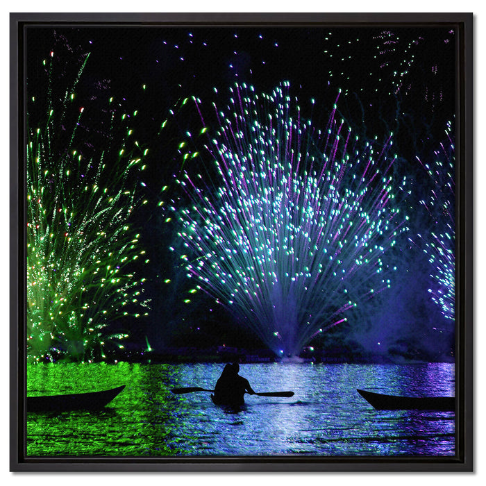 Feuerwerk auf dem Wasser auf Leinwandbild Quadratisch gerahmt Größe 60x60