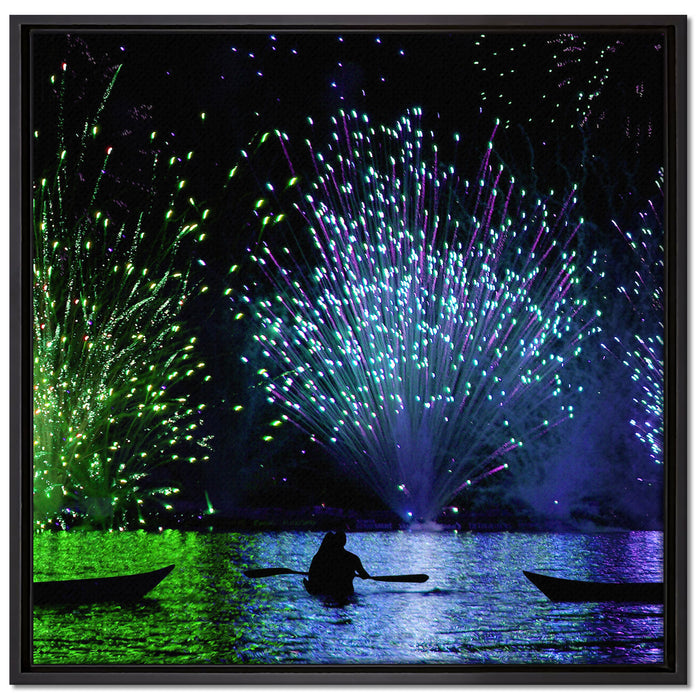 Feuerwerk auf dem Wasser auf Leinwandbild Quadratisch gerahmt Größe 70x70
