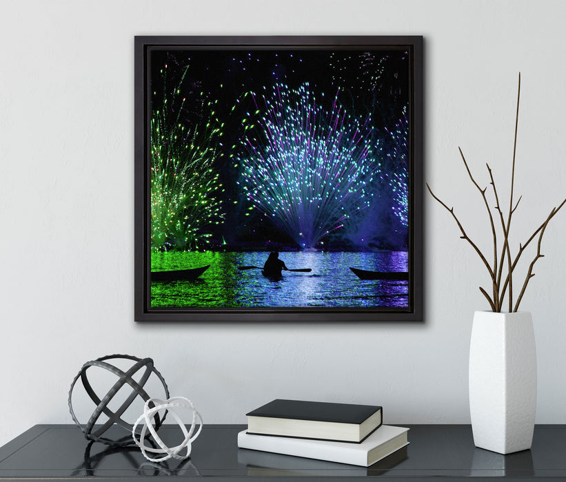 Feuerwerk auf dem Wasser  auf Leinwandbild Quadratisch gerahmt mit Kirschblüten