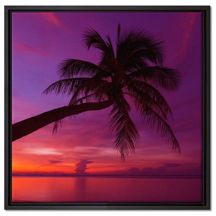 Palme am Meer mit Sonnenuntergang auf Leinwandbild Quadratisch gerahmt Größe 60x60