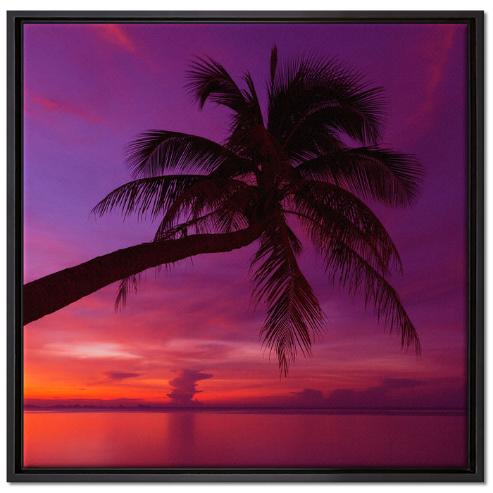 Palme am Meer mit Sonnenuntergang auf Leinwandbild Quadratisch gerahmt Größe 70x70