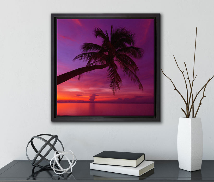 Palme am Meer mit Sonnenuntergang  auf Leinwandbild Quadratisch gerahmt mit Kirschblüten