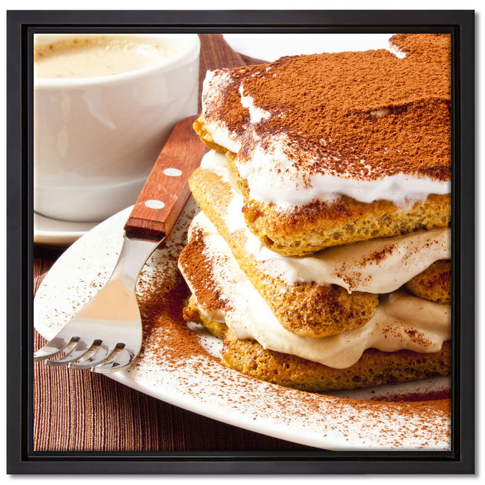Leckeres Dessert mit Kaffee auf Leinwandbild Quadratisch gerahmt Größe 40x40