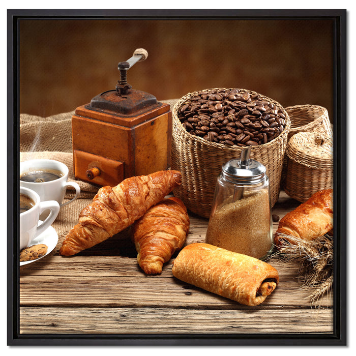 Aromatischer Kaffee mit Croissant auf Leinwandbild Quadratisch gerahmt Größe 60x60