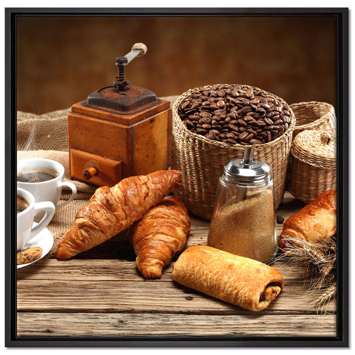 Aromatischer Kaffee mit Croissant auf Leinwandbild Quadratisch gerahmt Größe 70x70
