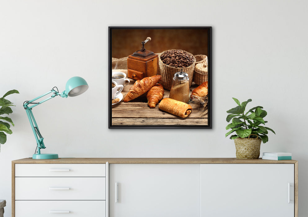 Aromatischer Kaffee mit Croissant auf Leinwandbild gerahmt Quadratisch verschiedene Größen im Wohnzimmer
