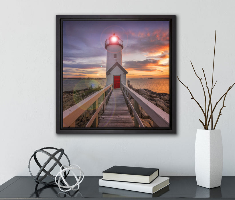 Leuchtturm bei Sonnenuntergang  auf Leinwandbild Quadratisch gerahmt mit Kirschblüten