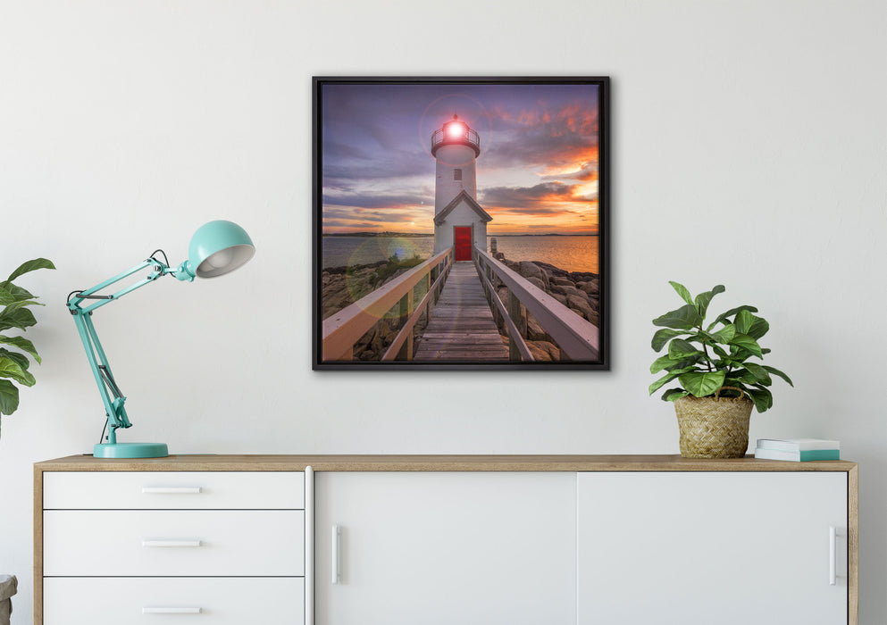 Leuchtturm bei Sonnenuntergang auf Leinwandbild gerahmt Quadratisch verschiedene Größen im Wohnzimmer