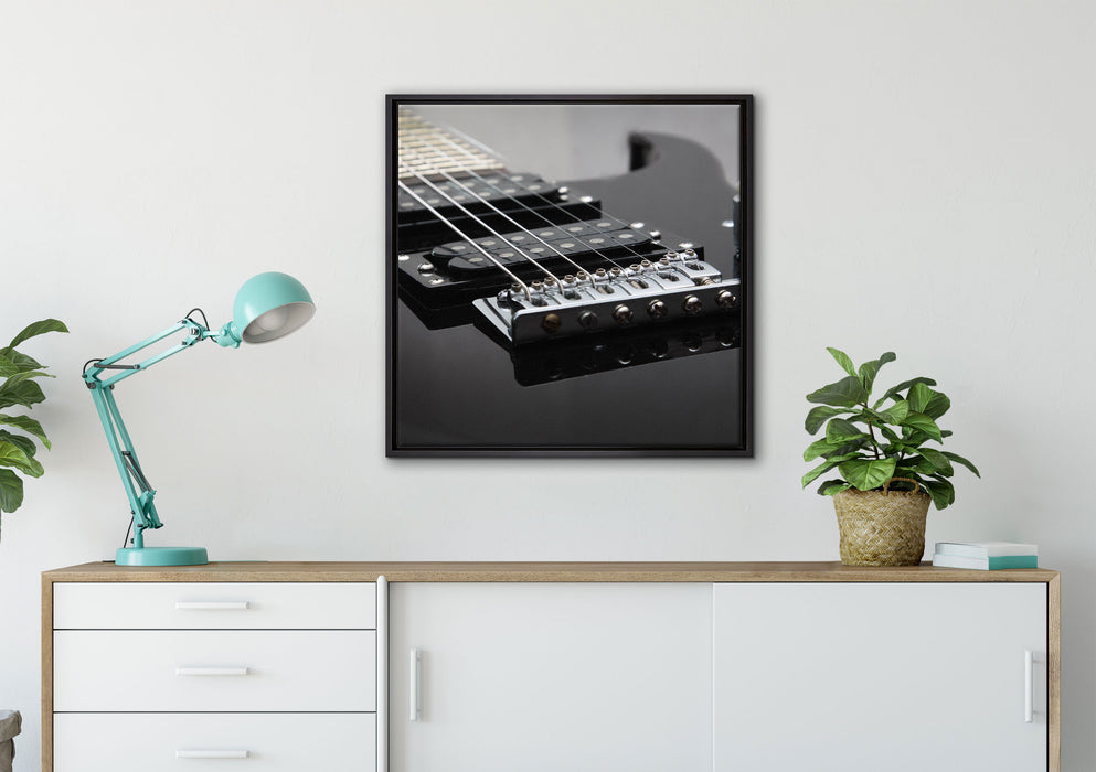 Black E-Guitar auf Leinwandbild gerahmt Quadratisch verschiedene Größen im Wohnzimmer