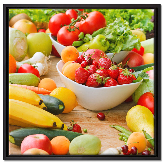 Buntes Obst und Gemüse auf Leinwandbild Quadratisch gerahmt Größe 60x60