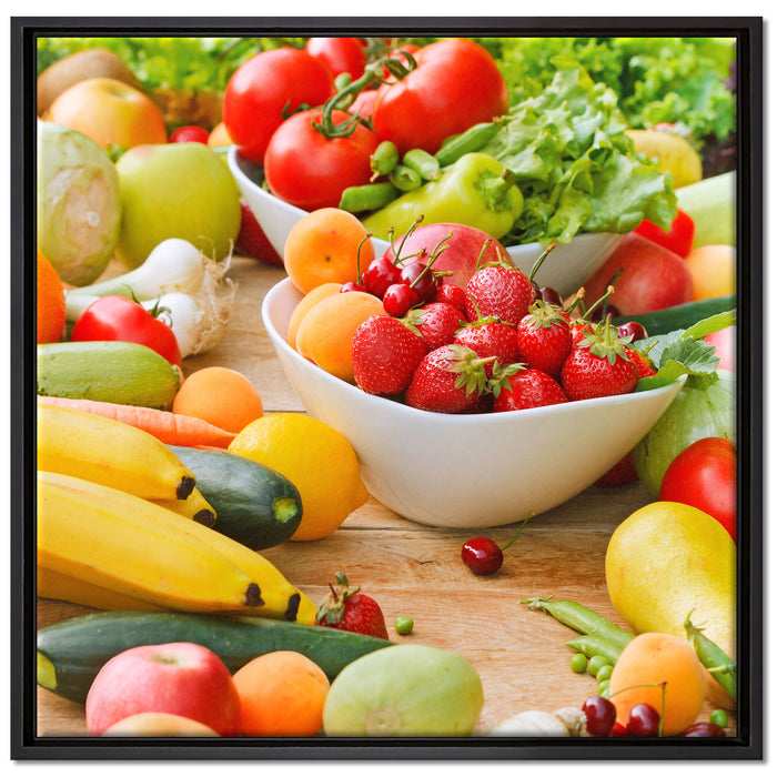 Buntes Obst und Gemüse auf Leinwandbild Quadratisch gerahmt Größe 70x70