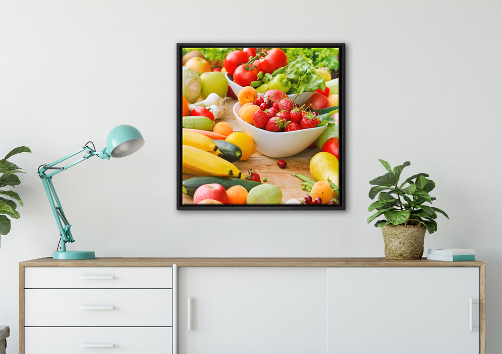 Buntes Obst und Gemüse auf Leinwandbild gerahmt Quadratisch verschiedene Größen im Wohnzimmer