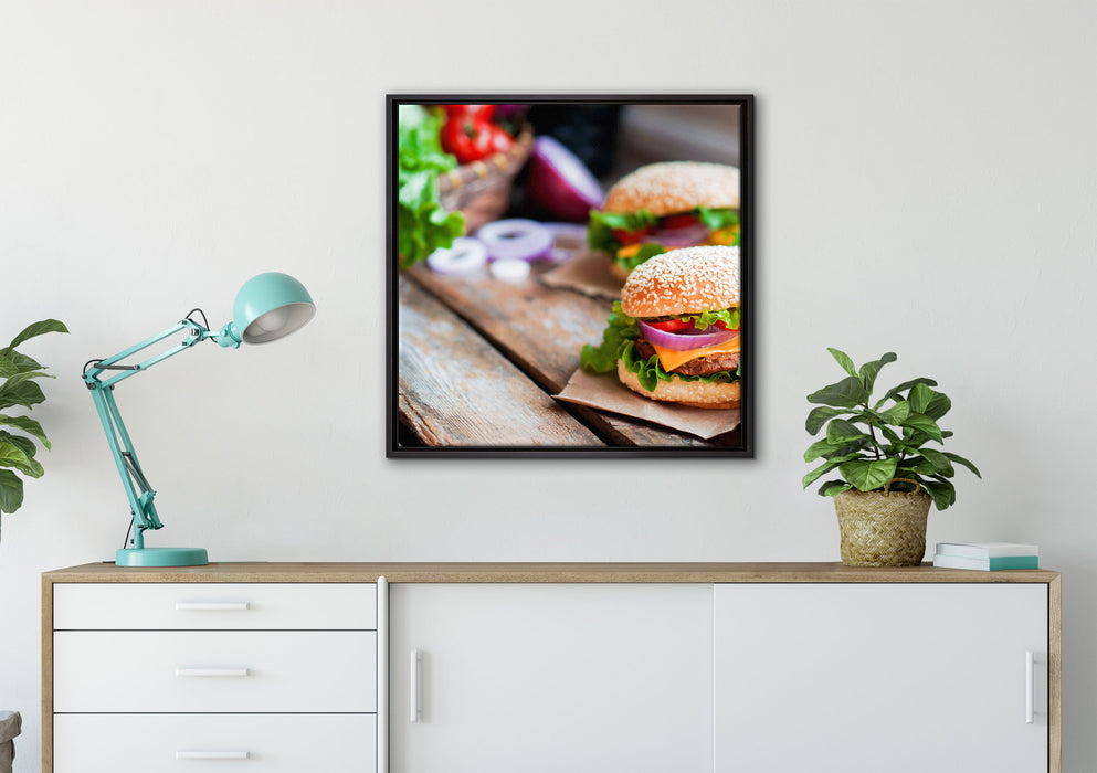 Leckere Burger auf Leinwandbild gerahmt Quadratisch verschiedene Größen im Wohnzimmer