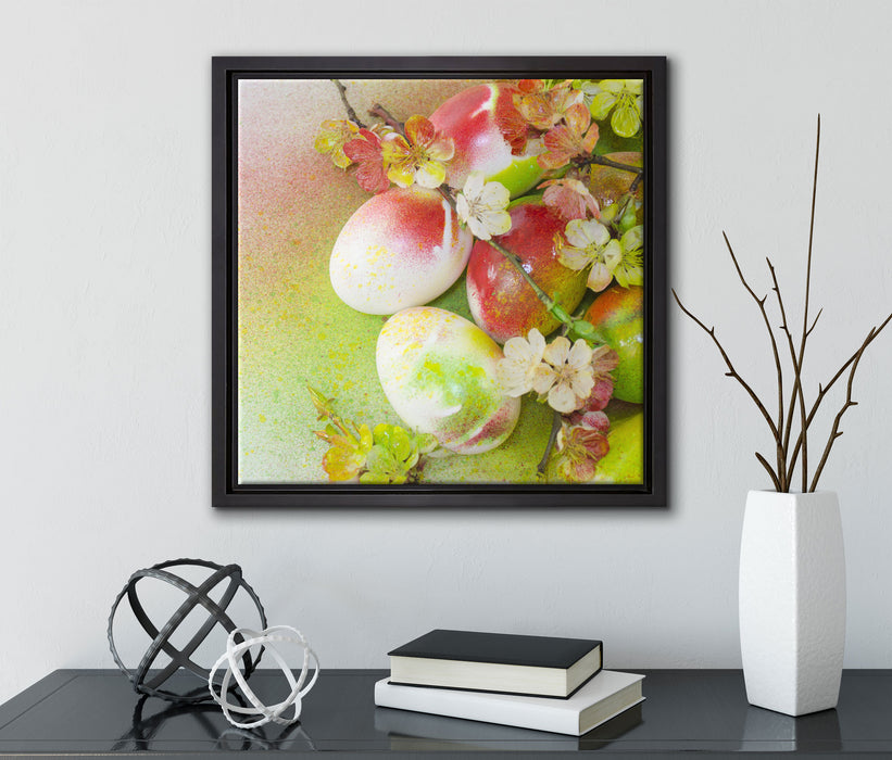 Kunstvolle Ostereier  auf Leinwandbild Quadratisch gerahmt mit Kirschblüten
