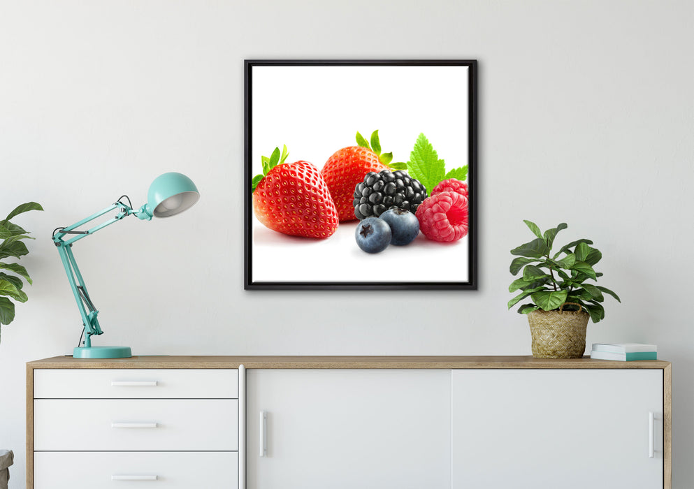 Frisches Obst auf Leinwandbild gerahmt Quadratisch verschiedene Größen im Wohnzimmer