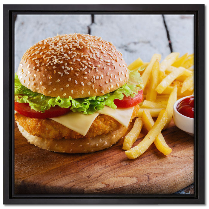 Chickenburger Pommes auf Leinwandbild Quadratisch gerahmt Größe 40x40