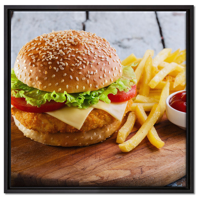 Chickenburger Pommes auf Leinwandbild Quadratisch gerahmt Größe 60x60