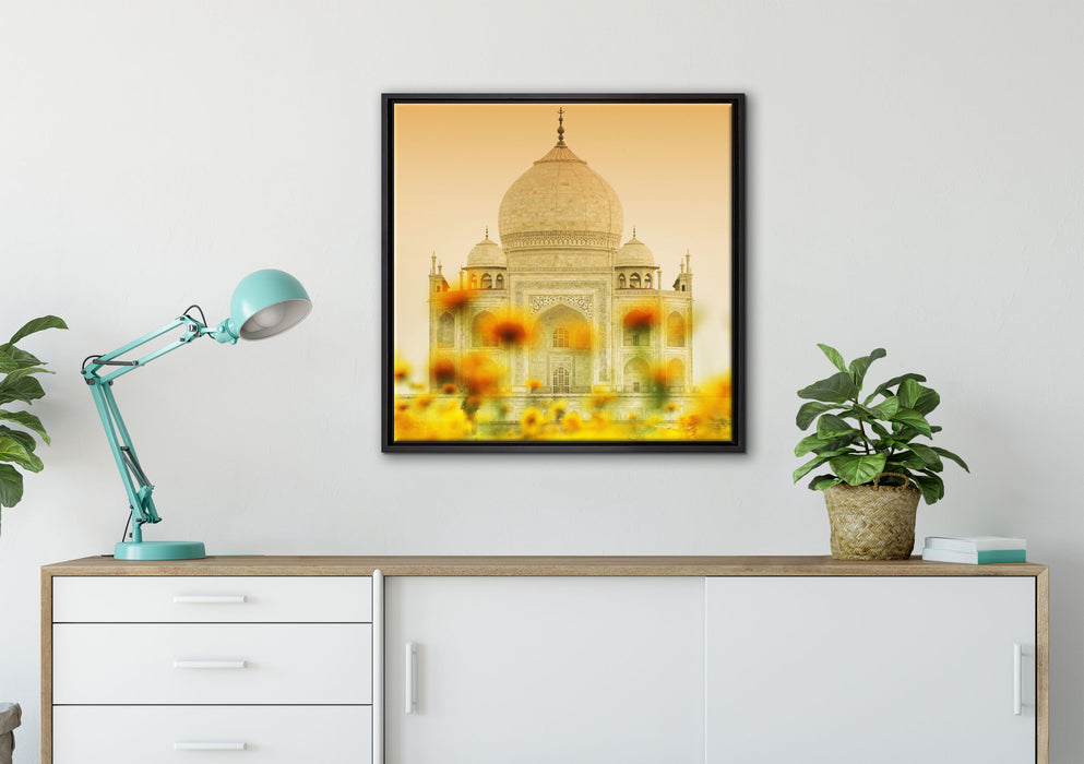 Taj Mahal im Sommer auf Leinwandbild gerahmt Quadratisch verschiedene Größen im Wohnzimmer