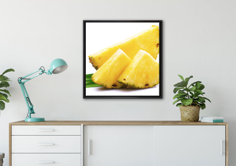 Saftige Ananasscheiben auf Leinwandbild gerahmt Quadratisch verschiedene Größen im Wohnzimmer
