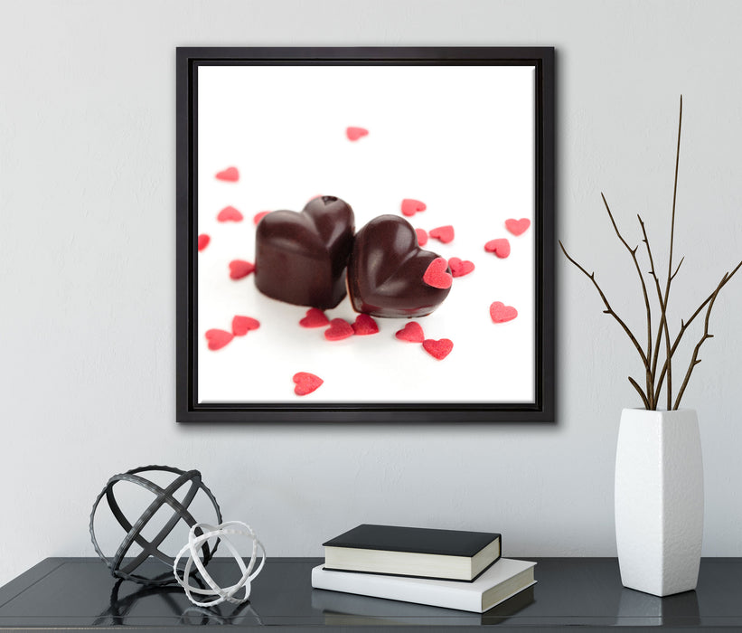 Schokoladenherzchen  auf Leinwandbild Quadratisch gerahmt mit Kirschblüten