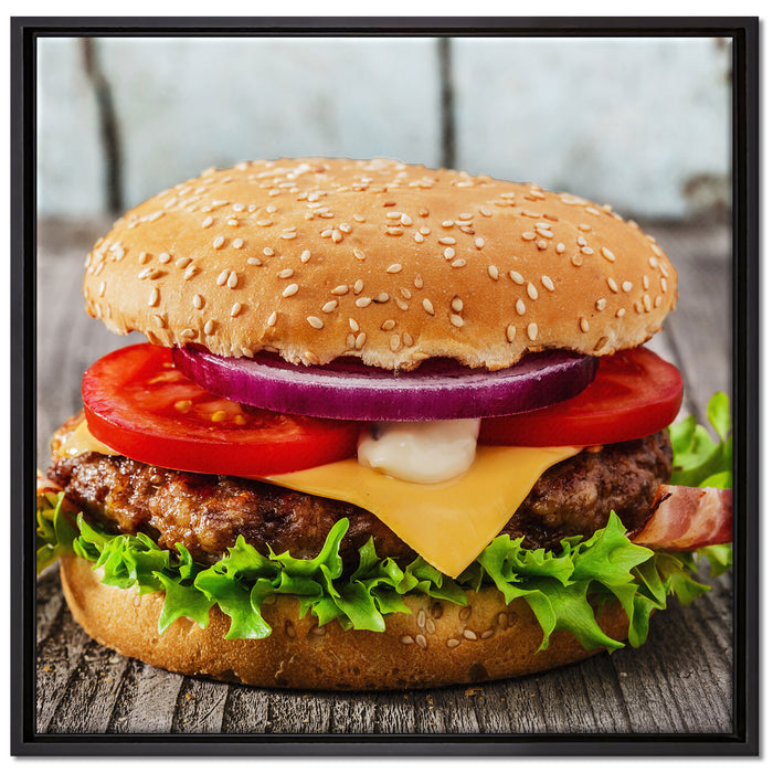 Leckerer Cheesburger auf Leinwandbild Quadratisch gerahmt Größe 70x70