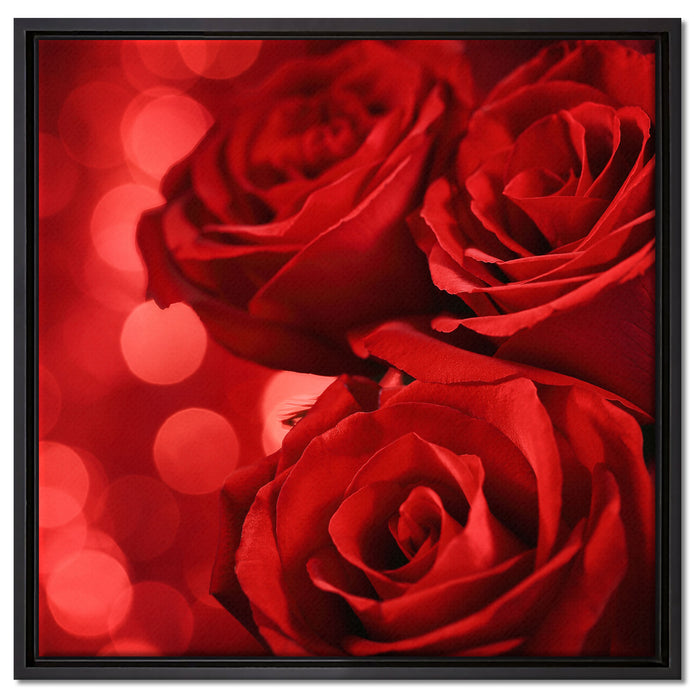 Drei rote Rosen auf Leinwandbild Quadratisch gerahmt Größe 60x60