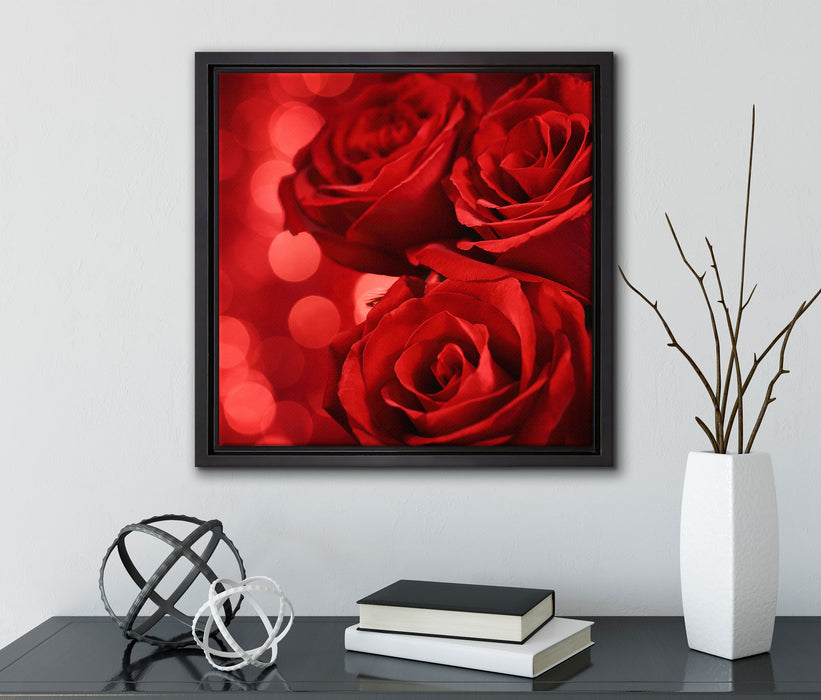 Drei rote Rosen  auf Leinwandbild Quadratisch gerahmt mit Kirschblüten
