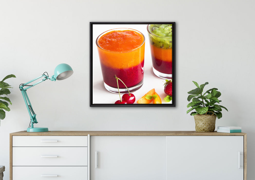 Gesunde Fruchtsmoothies auf Leinwandbild gerahmt Quadratisch verschiedene Größen im Wohnzimmer
