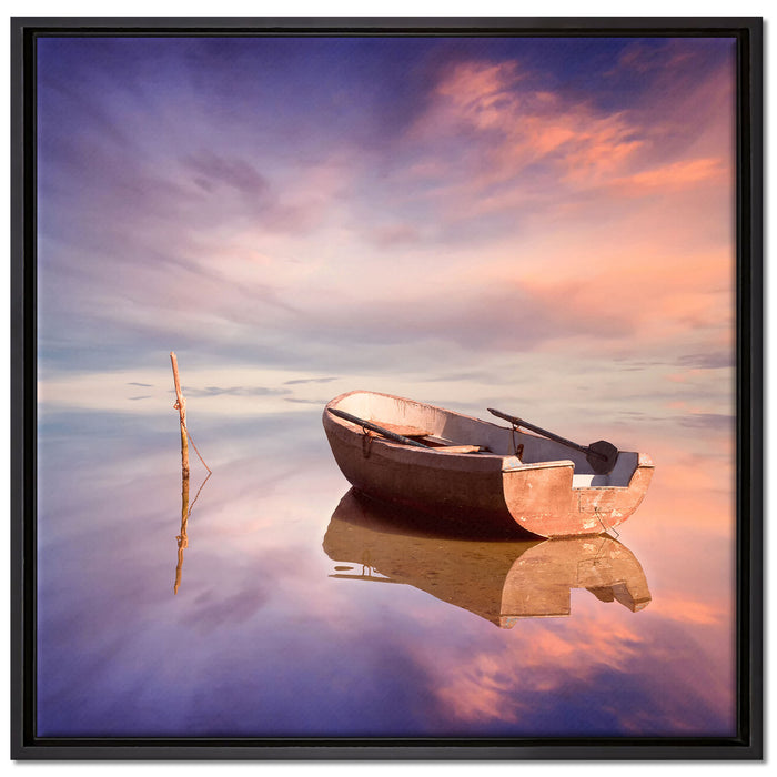 Einsames Boot auf See auf Leinwandbild Quadratisch gerahmt Größe 70x70