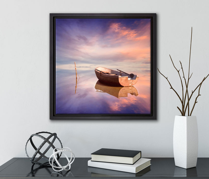 Einsames Boot auf See  auf Leinwandbild Quadratisch gerahmt mit Kirschblüten