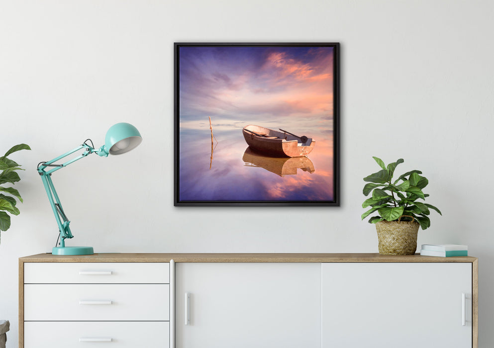Einsames Boot auf See auf Leinwandbild gerahmt Quadratisch verschiedene Größen im Wohnzimmer