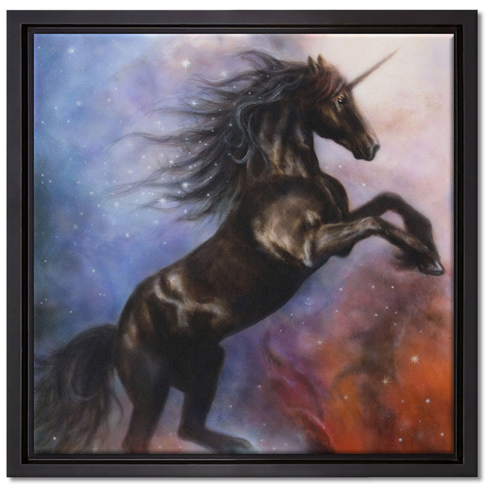 Traumhaftes schwarzes Einhorn auf Leinwandbild Quadratisch gerahmt Größe 40x40