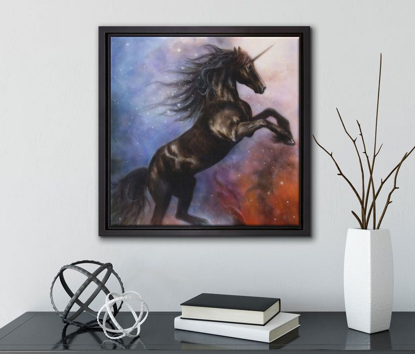 Traumhaftes schwarzes Einhorn  auf Leinwandbild Quadratisch gerahmt mit Kirschblüten