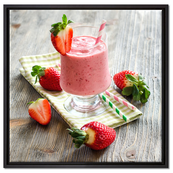 Köstlicher Erdbeershake auf Leinwandbild Quadratisch gerahmt Größe 60x60