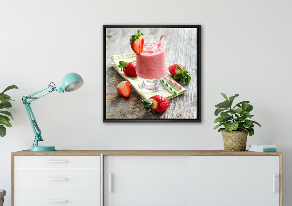 Köstlicher Erdbeershake auf Leinwandbild gerahmt Quadratisch verschiedene Größen im Wohnzimmer