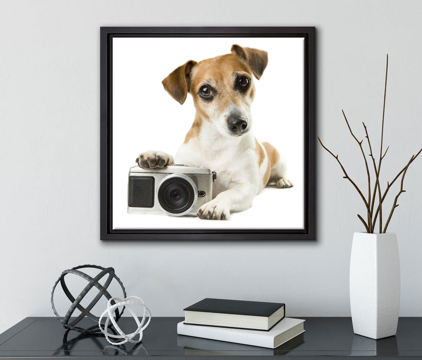 Niedlicher Hundewelpe mit Kamera  auf Leinwandbild Quadratisch gerahmt mit Kirschblüten