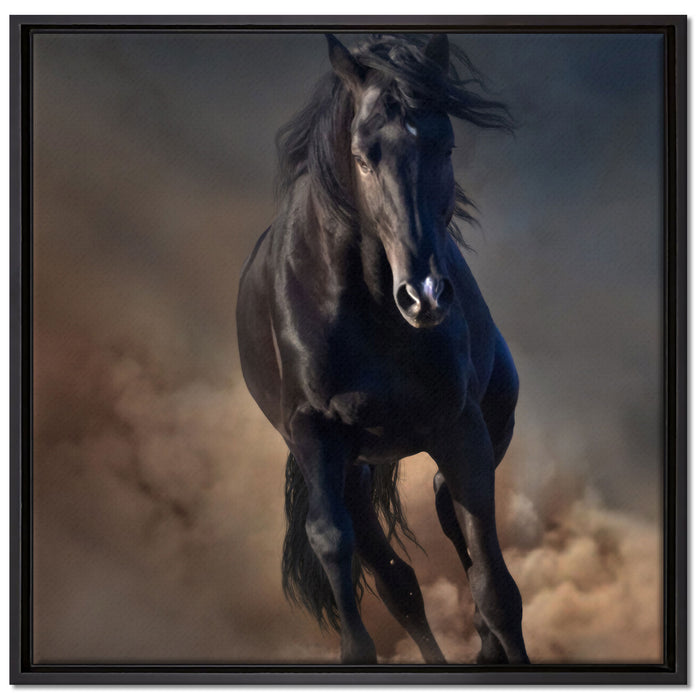 Elegantes schwarzes Pferd auf Leinwandbild Quadratisch gerahmt Größe 70x70