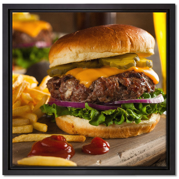 Saftiger Chili Cheese Burger auf Leinwandbild Quadratisch gerahmt Größe 40x40