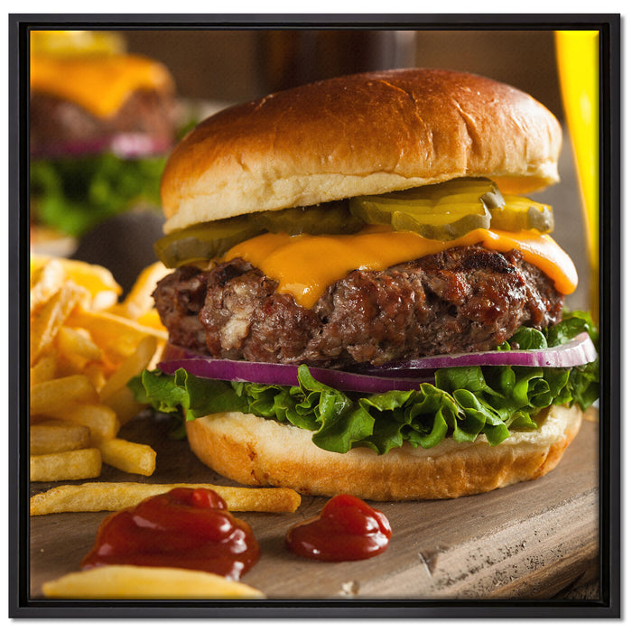Saftiger Chili Cheese Burger auf Leinwandbild Quadratisch gerahmt Größe 70x70
