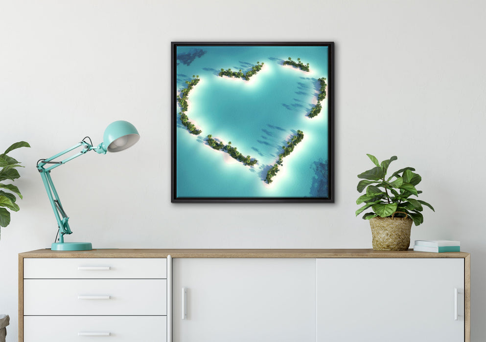 Herz geformt aus Inseln auf Leinwandbild gerahmt Quadratisch verschiedene Größen im Wohnzimmer