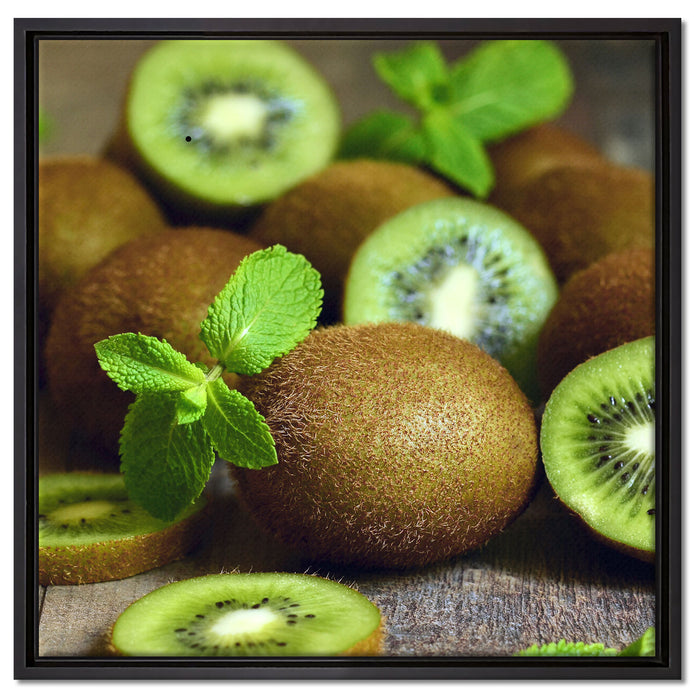 Kiwis auf Holztisch auf Leinwandbild Quadratisch gerahmt Größe 60x60