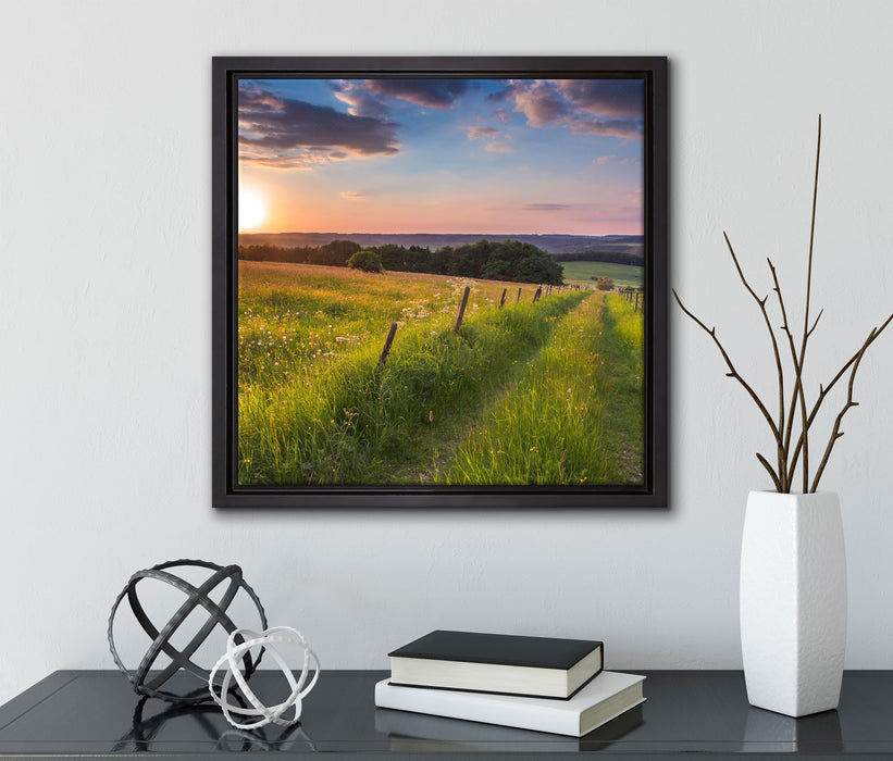 Bergwiese im Sonnenaufgang  auf Leinwandbild Quadratisch gerahmt mit Kirschblüten