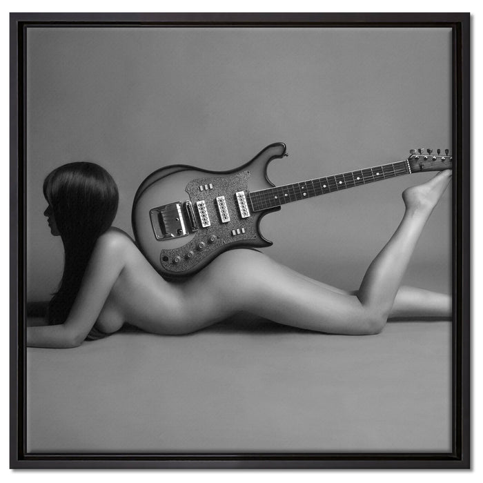 Nackte Frau mit Gitarre auf Leinwandbild Quadratisch gerahmt Größe 60x60
