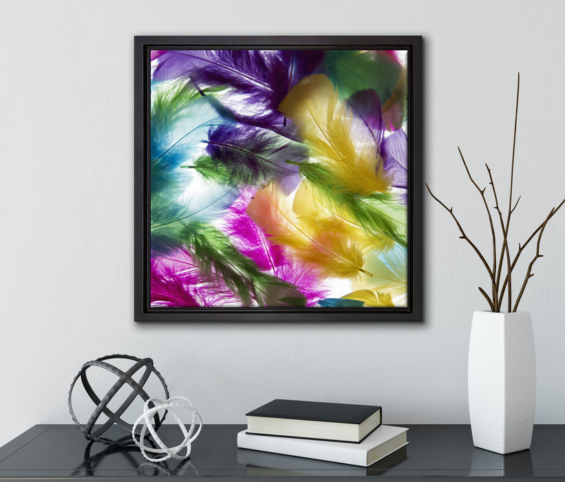 Anordnung von Federn  auf Leinwandbild Quadratisch gerahmt mit Kirschblüten