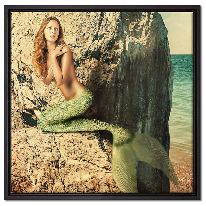 Meerjungfrau hinter Felsen auf Leinwandbild Quadratisch gerahmt Größe 60x60